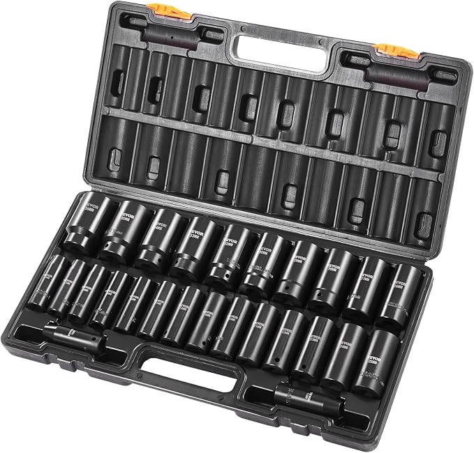 VEVOR 1/2" Drive Impact Socket Set, 26 Piece, Metric 10 to 36 mm | Deep Large Jumbo Impact Sockets, 6 Point, Cr-V, Easy-to-Read Size Markings, Rugged Construction, with Storage Case