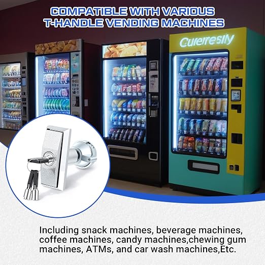 2 Set Universal Vending Machine Lock with T-Handle and 6 Keys Short Zinc Alloy Lock Replacement for ATM Candy Snack Machine, 4.72 Inch Long