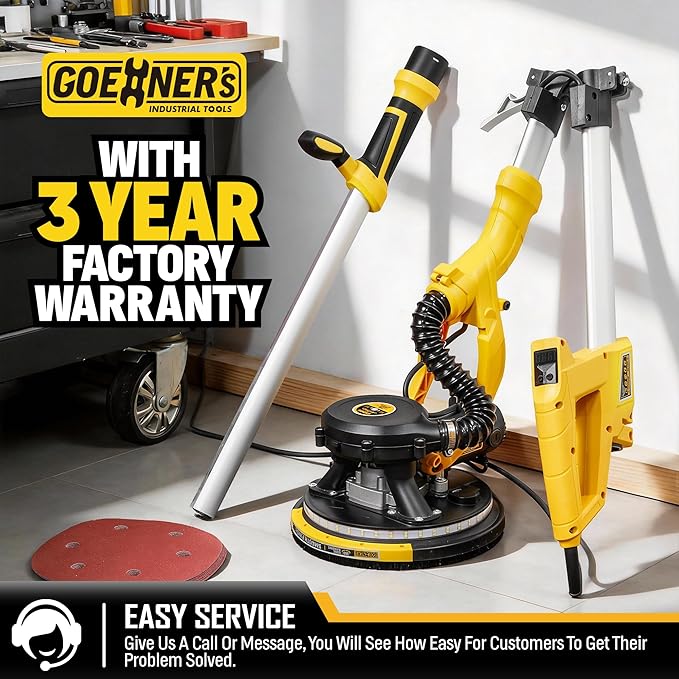 Drywall Sander, 950W 8.5A Electric Drywall Sander with Vacuum Dust Collector, 9 Variable Speed 800-2100RPM, 26FT Power Cord, Wall Sander for Popcorn Ceiling, Pole Sander for Drywall (Yellow)
