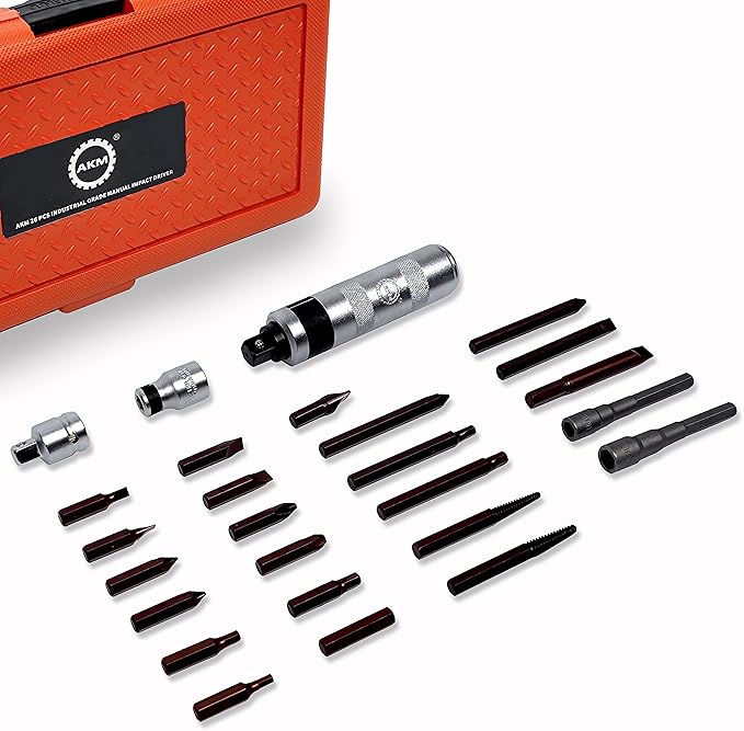 AKM Hand Manual Reversible Impact Driver Set Extractor-26 PCS Impact Screwdriver S2 Steel Hex Phillips Slotted Screwdriver Bits Much More Durable Disengage Rusted Fasteners or Frozen Bolts