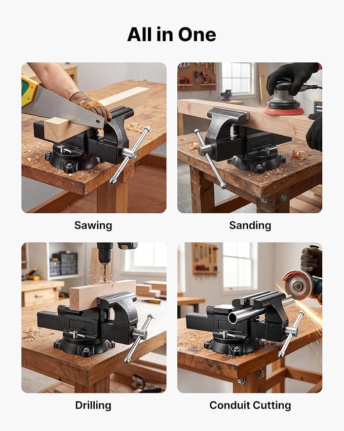 VEVOR Heavy Duty Bench Vise, 10" Jaw Width, Multi-Purpose Ductile Iron Bench Vise with Anvil and 360-Degree Locking Swivel Base, 4.3" Throat Depth, 10" Max Jaw Opening, for Drilling, Pipe Cutting