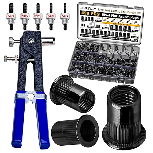Rivet Nut Tool Kit, 490Pcs Black Zinc Metric Rivet Nut Combination (M8/M6/M5/M4/M3), Suitable for Automotive, Marine and Industrial Applications (Black 490PCS Rivet Nut Tool Kit)