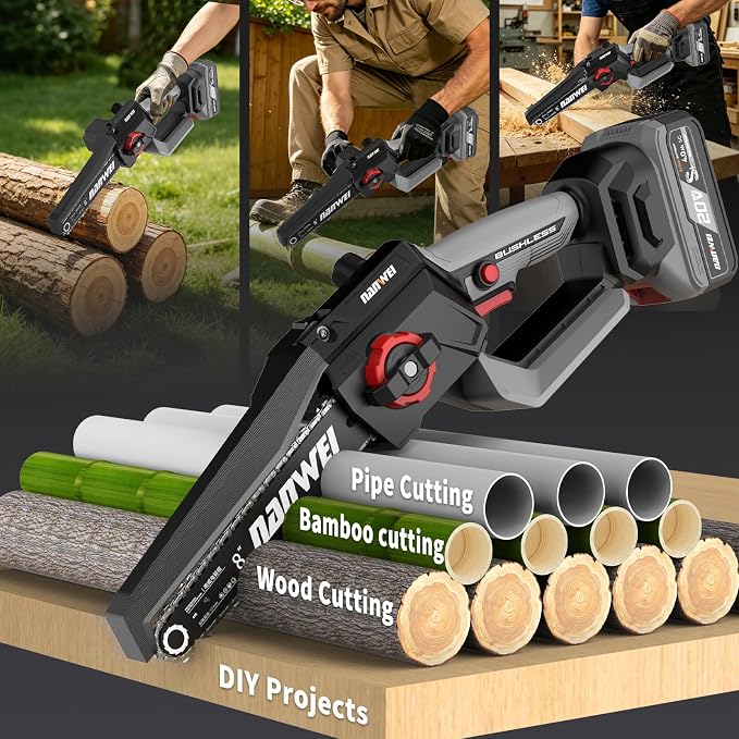 NANWEI 8 Inch Cordless Chainsaw for Tree Trimming & Wood Cutting, Lightweight Handheld Mini Chain Saw with 2 x 4.0Ah Batteries, Brushless Motor for Long Runtime & Low Noise