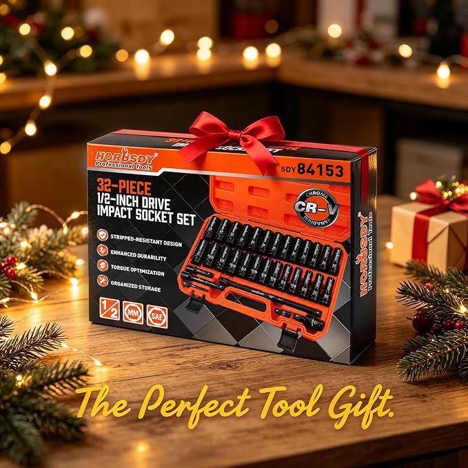 32-Piece 1/2" Drive Impact Socket Set - Metric (10mm–24mm) and SAE (3/8"–1") Deep Socket Set with Extension Bar, Swivel Socket, Adapter, CR-V Steel for Auto Repair
