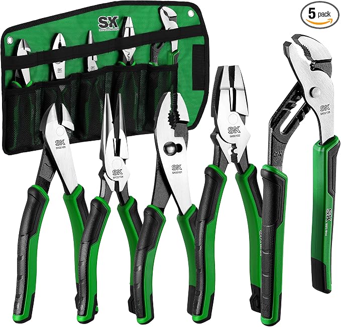 SK 5-Piece Pliers Set, Ergonomic Anti-slip Handle, with Rolling Pouch | 8" Needle Nose & Slip Joint & Diagonal Pliers, 9.5" Linesman Pliers, and 10" Water Pump Pliers