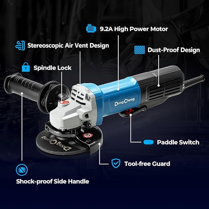 DongCheng 9.2 Amp Power Angle Grinders, 4-1/2 in., 11800RPM, Tool-Free Guard, Electric Metal Grinder Tool, Small Corded Angle Grinder, Paddle Switch, Shockproof Handle for Cutting, Grinding, Polishing