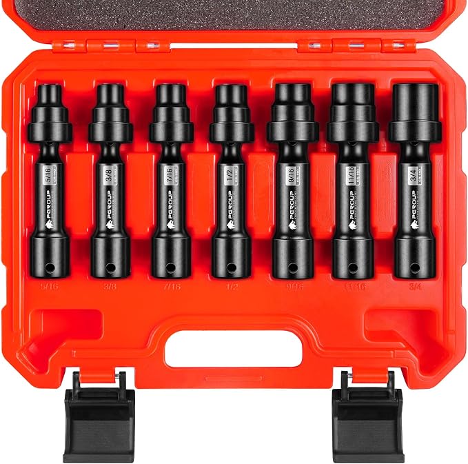 7-Piece 1/2'' Drive Driveline Limited Clearance Socket Set, 12-Point SAE Impact Swivel Socket Set, Cr-Mo Steel with Storage Case for Automotive & Industrial