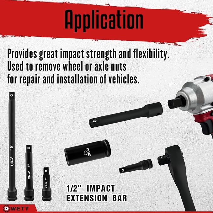 WETT Drive Deep Impact Socket Set, 29 Piece Deep Socket with Extension Bar, Cr-V Steel, SAE & Metric, 6 Point, (3/8" - 1", 10-24mm)
