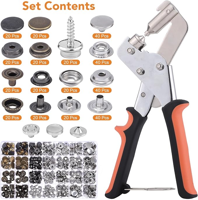 Dntorx Heavy Duty Snap Fastener Tool with 100 Sets, 15mm Snap Button Kit Stainless Steel Snap Fasteners Kit Snap Kit with Tool Snaps for Ffabric Leather Sewing DIY Crafts(Orange)