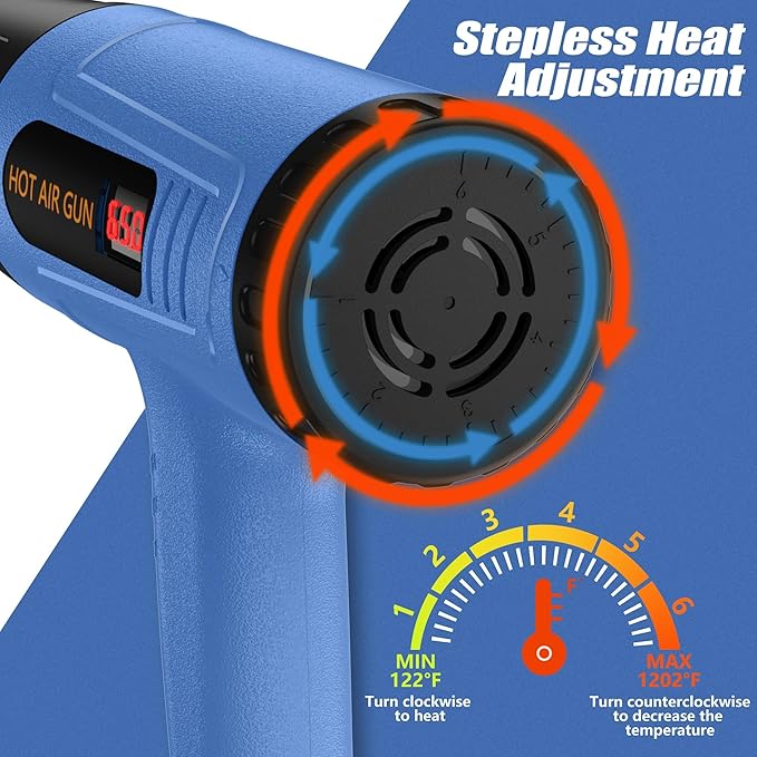 Digital Heat Gun, 110V Adjustable Hot Air Gun with 4 Nozzles, Side LCD Display, Rear Rotating Temp Control, 50-650℃（122-1202℉),Overload Protection, 4.9FT Cord Portable Heat Gun for Crafts, Shrink Wrap