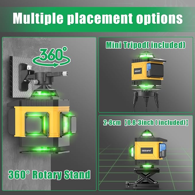 AZZUNO Laser Level 360 Self Leveling Green Beam with LCD Screen, 4x360 lazer leveler tool, Rechargeable Battery & Magnetic Base - Ideal for Construction, Tiling,yellow