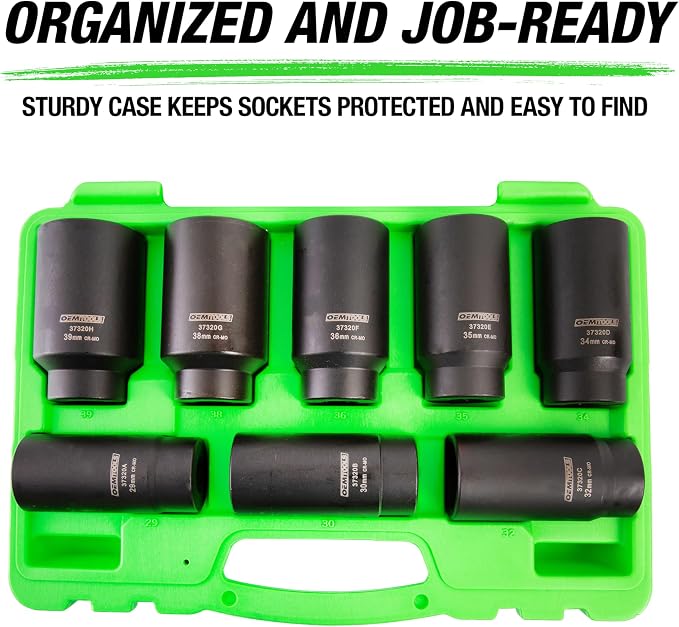 OEMTOOLS 8 Piece 6 Point 1/2 Inch Drive Axle Nut Socket Set with Case | 1/2" Drive Impact Set 29mm-39mm, Cr-Mo Steel Metric Socket Set, Precision-Machined Deep Impact Sockets, Black Oxide Finish