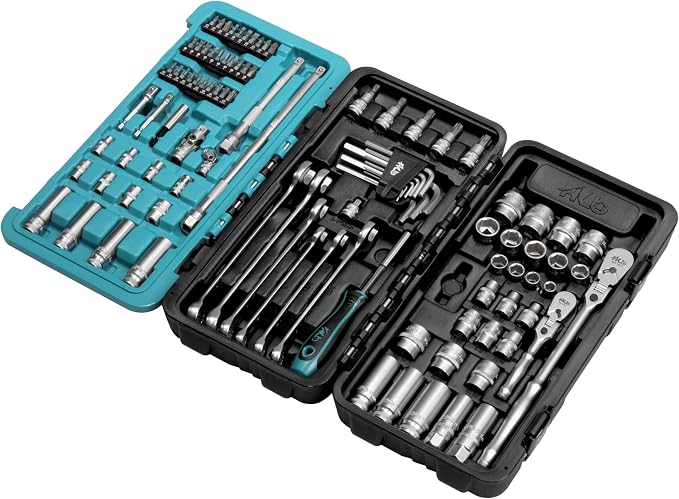 HB 100-Piece Socket Set AKX010-U, 90-Tooth Flex Head Ratchets 3/8"&1/4" Drive, Non-Slip Metric SAE Sockets, Deep & Standard, Impact Adapter, Wrenches, Torx Hex Bits, Tri-Fold Case, Made in Taiwan
