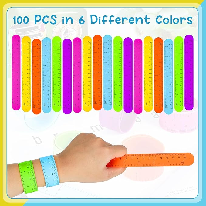 Deekin 48 Pcs Back to School Ruler Slap Bracelets Operation Items Bulk Ruler Snap Bracelets Colorful for Classroom with Scale Silicone for Kids Slap Wristbands with Scale Party Favor School Prize