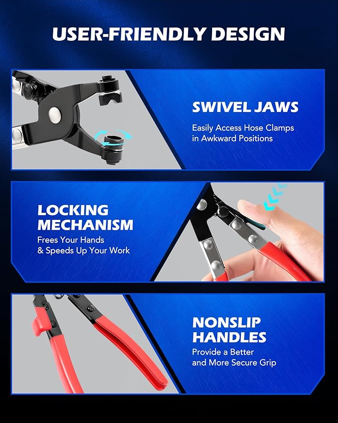 OMT Hose Clamp Pliers, Long Reach Wire Spring Remover For Radiator & Heater | Fits 11/16" To 2-1/2" Plastic & Metal Clamps, Hands-Free Locking Mechanism, Clic-R & Flat Band Pliers, Screwdriver & Hook