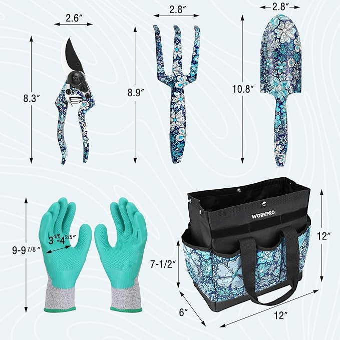 WORKPRO 5PCS Garden Tool Set, Aluminum Heavy Duty Gardening Tool Set with Garden Tool Bag, Outdoor Garden Hand Tools, Floral Blue