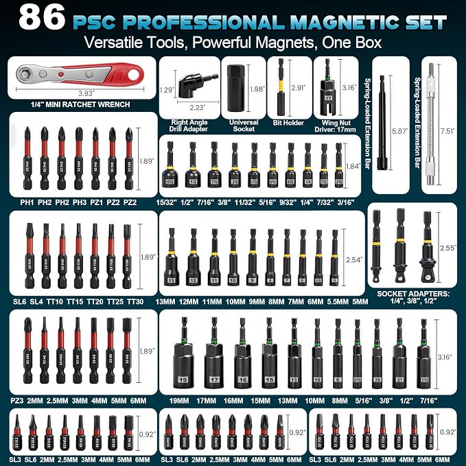 86 PCS Magnetic Nut Driver Set - 1/4" Metric & SAE with Socket Adapters, Ratcheting Screwdriver, Wing Nut Driver, Bit Holder, Adapters, Universal Sockets, Quick Release Extension, Power Bits