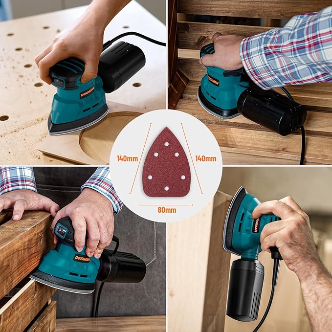 DOVAMAN 130W Detail Sander, 12000RPM Palm Sander Tool, Dust Collection System, 12PCS Sandpaper, Compact Hand Tool for Wood Steel Surfaces