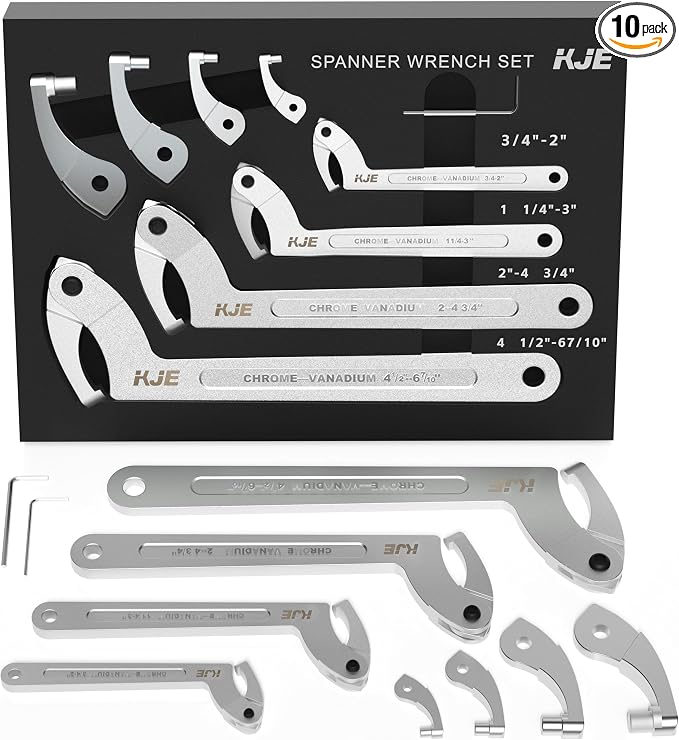 KJE 10PCS Adjustable Pin Spanner Nut Wrench Tool Set, C-Shape Pin Hook Wrench Tools with Replaceable Heads for Pipes Heating Cars, Coilover Wrenches for Suspension System, Bearing, 3/4" to 6-7/10"