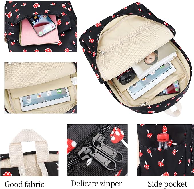 Mushroom School Backpack for Teen Girls, Bookbag with Lunch Box and Pencil Case