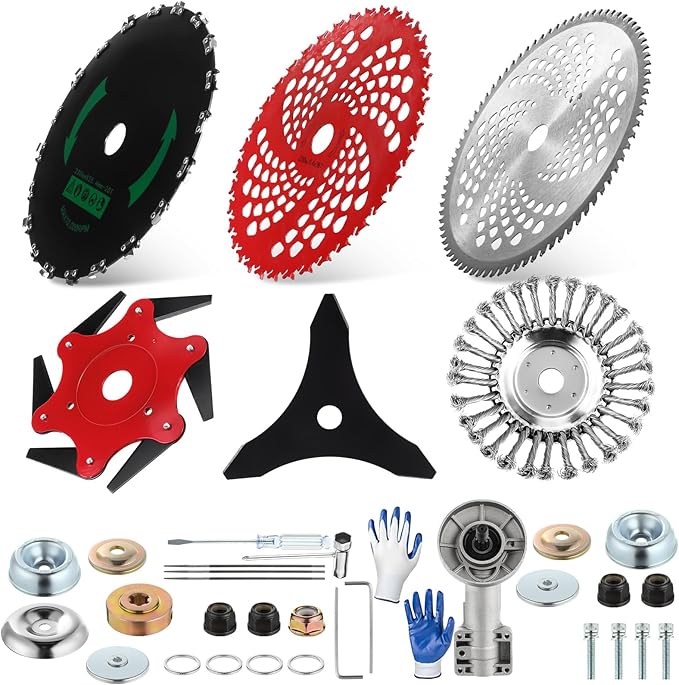 Duraaamo 7 Pcs Brush Cutter Kit Include 9" x 36T Carbide Tipped Blades, 9" x 20T, 10" x 3T and 10" x 80T Blades with Adapter Kit, 8 Inch Steel Wire Rotary Head and Trimmer Head Replacement
