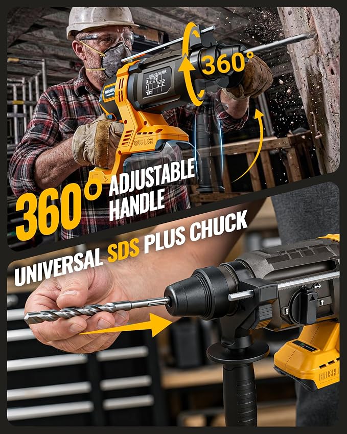 MtiolHig 1" SDS-Plus Cordless Rotary Hammer Drill Compatible with DEWALT 20V Battery, 3J Impact Energy Brushless Motor, 7-Speed Variable 4-Mode with 5 Chisel/Bit Set for Concrete/Masonry, Tool Only