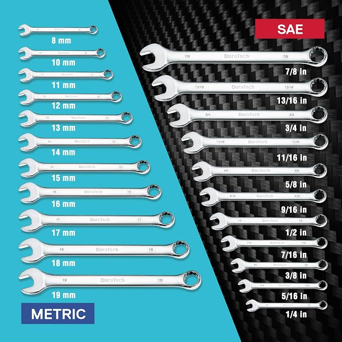 DURATECH Combination Wrench Set, SAE & Metric, 22-piece, 1/4-7/8" & 8-19mm | CR-V Steel, Organized in Wrench Holder