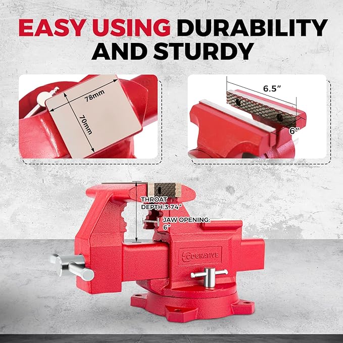 6.5" Heavy-Duty Bench Vise Ductile Iron Bench Vise 360° Swivel Bench Vice with Anvil, Red