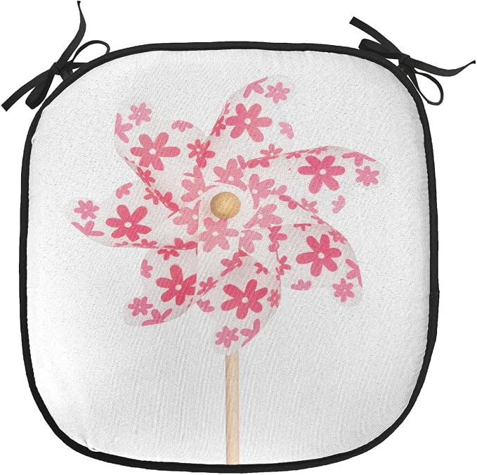 Lunarable Pinwheel Chair Cushion Pads Set of 2, Pinwheel Paper Power Wood Cheering Color Pin Freedom Happiness Family Time, Anti-Slip Seat Padding for Kitchen & Patio, 16"x16", White Coral Rose