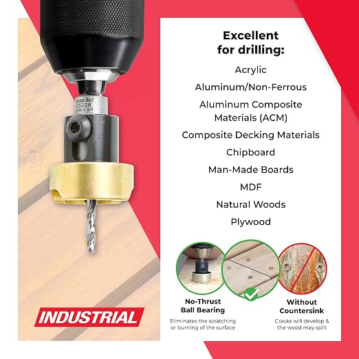 Amana Tool 82 Degree Countersink with Drill Bit Depth Stop and No-Thrust Ball Bearing, 55228, 3/8 D x 9/64 Drill D x 1/4 Inch Quick Release Hex Shank