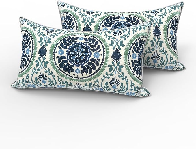 LVTXIII 2 Pack Outdoor Lumbar Pillows 12x20 Inch with White Piping, Fade Resistant Support Throw Pillows with Inserts for Patio Furniture, Sofa, Chair, Coastal Medallion