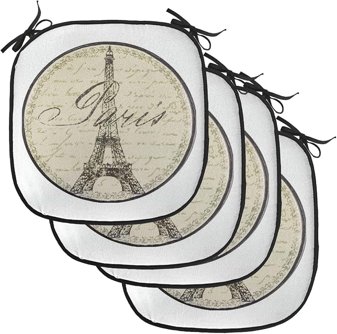 Lunarable Paris Chair Cushion Pads Set of 4, Vintage Wall Sign France Theme Famous Landmark Tourism Travel Destination, Anti-Slip Seat Padding for Kitchen & Patio, 16"x16", Khaki Black White