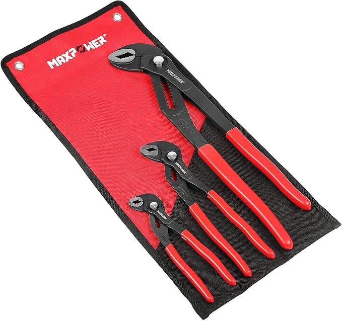 MAXPOWER 3-Piece Water Pump Pliers Set – 7" 10" 16" Tongue and Groove Pliers with Push Button Quick Adjustment | Plumbing Tool for Homeowner Plumber HVAC Mechanic | Includes Carrying Bag