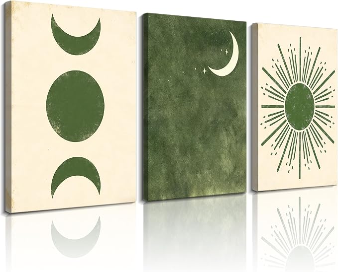 Frimeeme Boho Sun and Moon Canvas Wall Art Set of 3, Mid Century Modern Minimalist, Living Room Bedroom Decor, 12x16 Inch,Framed