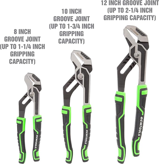 OEMTOOLS 22648 3 Piece Groove Joint Pliers Set, For Gripping, Pulling, and Turning Pipe and Fasteners, Includes 8", 10", and 12" Pliers, Chrome Vanadium Steel, Hardened Teeth, TPR Grips