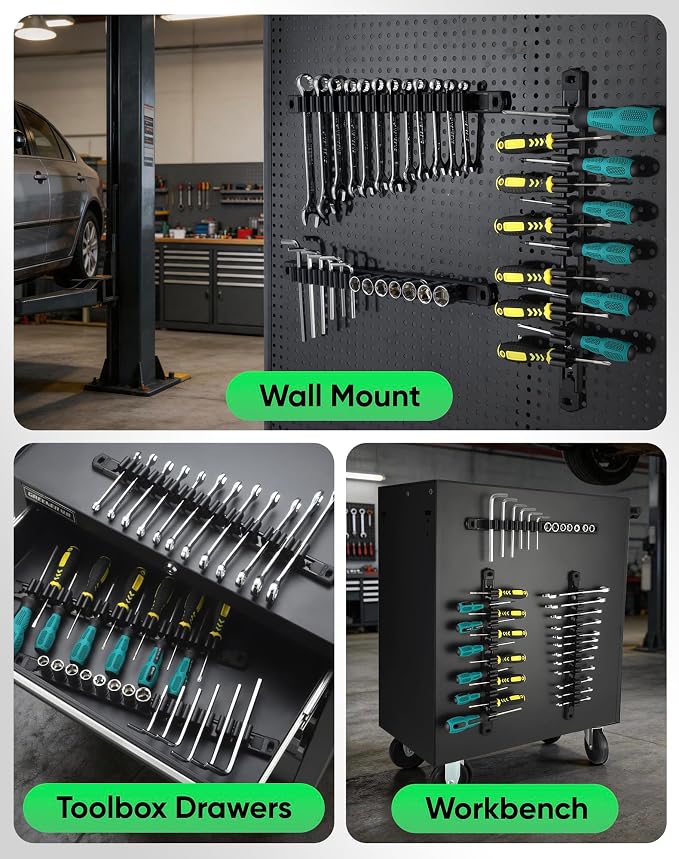 ALOANES 3PC Magnetic Screwdriver Organizer - 36 Slot Aluminum Alloy Rail for Toolbox & Metal Pegboard, Strong Magnetic Holder for Wrenches, Pliers, Workshop Garage Storage(Black)