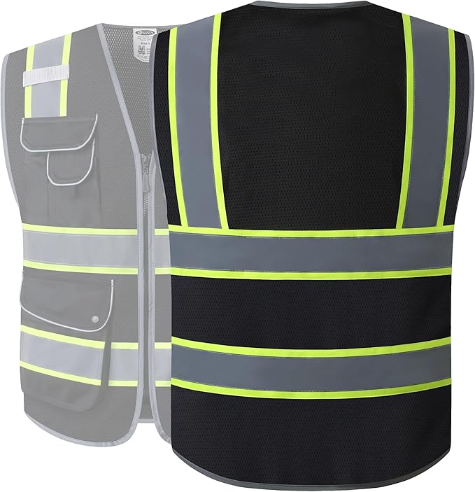 JKSafety 9 Pockets Hi-Vis Black Safety Vest for Men Women High Visibility Reflective Construction Mesh Fabric Cushioned Collar Work Utility PPE Work Gear ANSI/ISEA compliant (100-Black, 3XL)