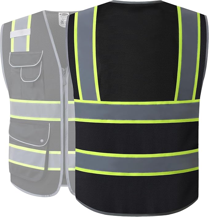 JKSafety 9 Pockets High Visibility Zipper Front MESH Black Safety Vest | Black with Dual Tone High Reflective Strips | ANSI/ISEA Standards (100-Black, M)