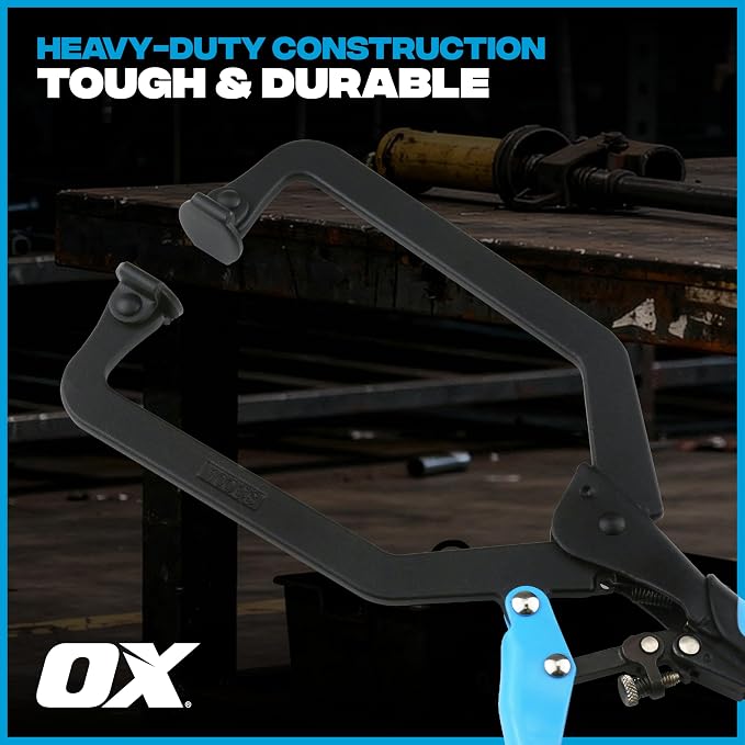OX Auto Adjust 10-Inch Long Reach C Clamp w/Swivel Pad Locking Pliers - Vise Grip Style Welding Clamp for Woodworking & Metalworking - Professional Grade Face Clamp with Rubber Grip Handle