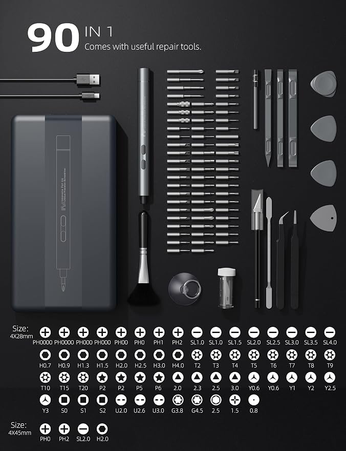 iFu 90-in-1 Electric Screwdriver Kit, Cordless Precision Repair Tool | Fixing a laptop or drone? This 90-in-1 cordless screwdriver set with 64 S2 bits is designed for electronics repair at home.