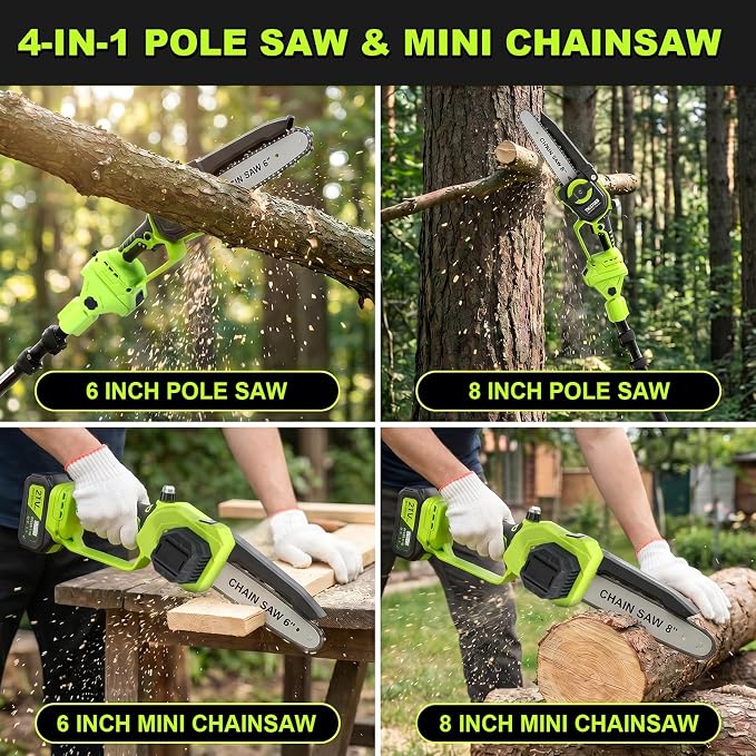 TNELTUEB 4-In-1 Cordless Pole Saw & Mini Chainsaw, 6"&8" Pole Saws For Tree Trimming with 15.6ft Extendable Pole, 180° Adjustable Angle, 1000W Brushless Motor, Electric Chainsaw with 2×4.0Ah Batteries