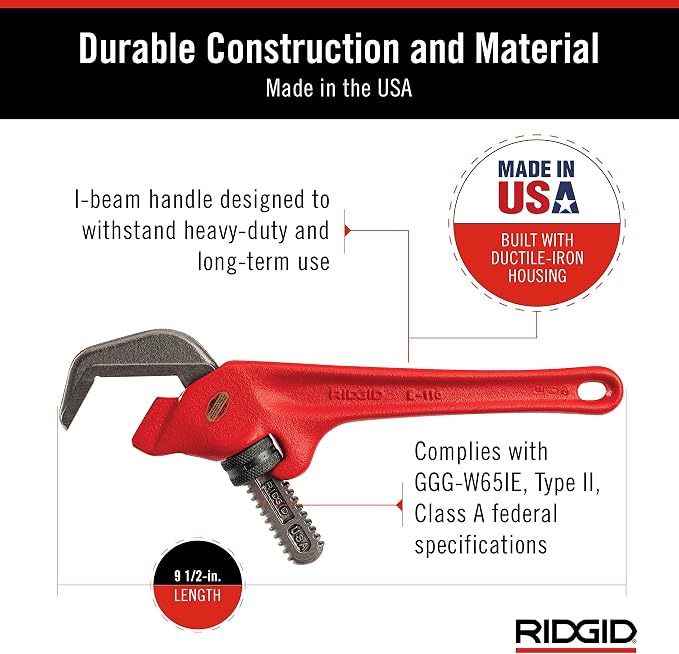RIDGID 31305 Model E-110 9.5" Offset Hex Jaw Pipe Wrench, Red, Made in The USA