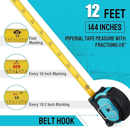 DURATECH Magnetic Tape Measure 12FT with Fractions 1/8, 2 Pack Retractable Measuring Tape, Easy to Read Both Side Measurement Tape, Magnetic Hook and Shock Absorbent Case for Construction, Carpenter