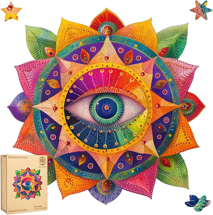 Mys Aurora Mandala Evil Eye Wooden Puzzles for Adults - Spiritual Design for Meditation & Home Decor - Family Game Gift Idea - 200 Piece Jigsaw Puzzle, 11.2'' x 10.8''
