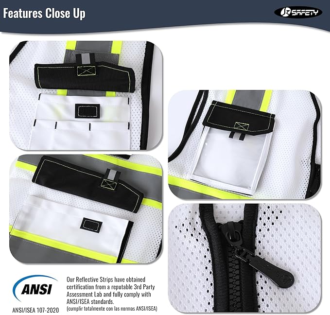 JKSafety Hi Vis Reflective Safety Vests for Men Women High Visibility Vest with Pockets Mesh Fabric Construction Safety Apparel Neon Vest for Work (220-White L)