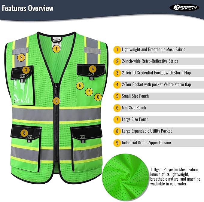 JKSafety Hi Vis Reflective Safety Vests for Men Women High Visibility Vest with Pockets Mesh Fabric Construction Safety Apparel Neon Vest for Work (220-Green XL)