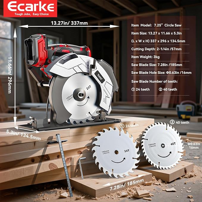 Ecarke 7-1/4" Cordless Circular Saw, Compatible with Milwaukee 18V Battery (Tool Only), Electric Circular Saw with Laser Guide, 5000RPM, 0–45° Bevel, 2-1/4" Cutting Depth, Includes 2 Blades (24T&40T)