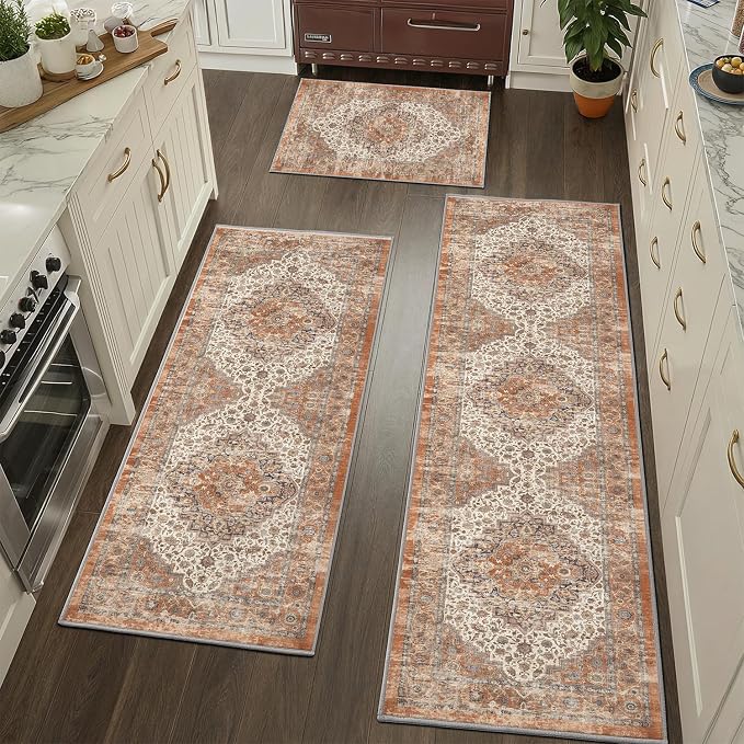 Color&Geometry Vintage Kitchen Rugs Sets of 3, Machine Washable 4mm Ultra Thin Stain Resistant Kitchen Floor Mats, Non Slip TPE Backing Runner for Sink,Hallway,Laundry,Entryway (2x3+2x5+2x7)