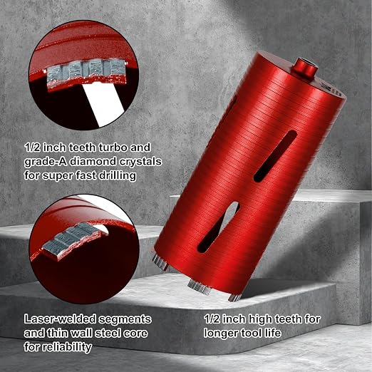 SALI Diamond Core Drill Bits 3" Diameter 10"/254mm Drilling Depth 5/8-11" Thread Core Bit Turbo Laser-Welded Segments for Cured Concrete with Brick Block Masonry with Two Adapters（Red）