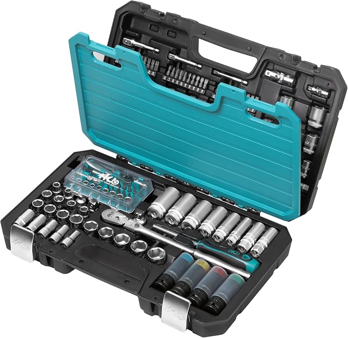 HB 123-Piece Socket Set AKX008-U, 90T Flex Head Ratchet 3/8", 72T Stubby Ratchet 1/4", Dual Drive Breaker Bar, Metric & SAE Non-Slip Deep & Semi-Deep Impact Sockets, Chrome Vanadium, Made in Taiwan